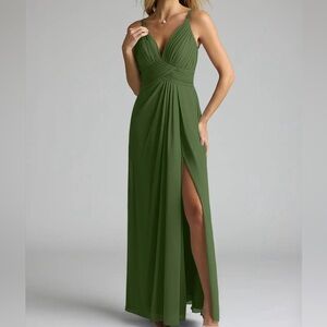 AZAZIE MAREN ALLURE bridesmaid dress  
Olive A-Line V-Neck Lace Chiffon Dress